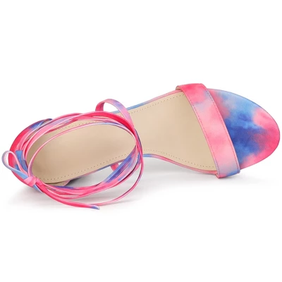 Allegra K Women's Tie Dye Lace Up Strappy Chunky Heels Sandals 6 Allegra K Women's Tie Dye Lace Up Strappy Chunky Heels Sandals - Image 4