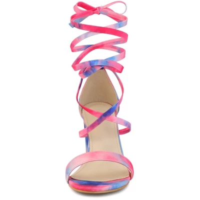 Allegra K Women's Tie Dye Lace Up Strappy Chunky Heels Sandals 4 Allegra K Women's Tie Dye Lace Up Strappy Chunky Heels Sandals - Image 2