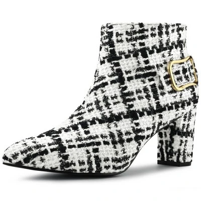 Allegra K Women's Plaid Pointed Toe Chunky Heels Ankle Boots 14 Allegra K Women's Plaid Pointed Toe Chunky Heels Ankle Boots - Image 12