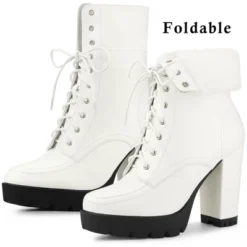 Allegra K Women's Platform Foldable Chunky Heels Lace Up Ankle Boots