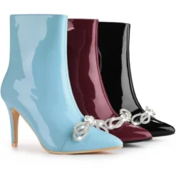 Perphy Women's Bow Rhinestone Pointy Toe Stiletto Heels Ankle Boots