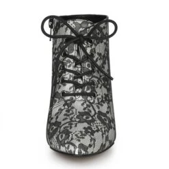 Allegra K Women's Pointed Toe Lace Up Stiletto Kitten Heel Lace Booties