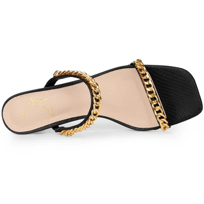 Perphy Snakeskin Printed Square Toe Chain Stiletto Heels Slide Sandals For Women 5 Perphy Snakeskin Printed Square Toe Chain Stiletto Heels Slide Sandals For Women - Image 3