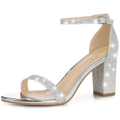 Women's Glitter Ankle Strap Chunky High Heels Sandals 9 Women's Glitter Ankle Strap Chunky High Heels Sandals - Image 7