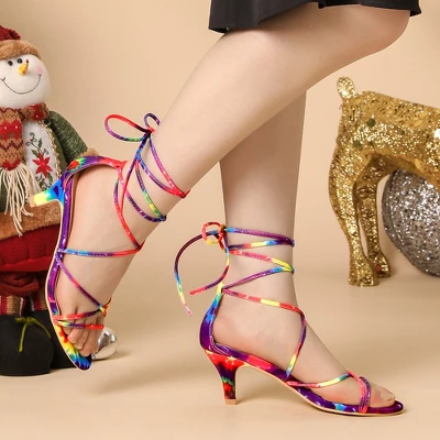 Allegra K Women's Lace Up Strappy Tie Dye Kitten Heels Sandals 3 Allegra K Women's Lace Up Strappy Tie Dye Kitten Heels Sandals