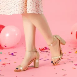 Women's Glitter Ankle Strap Chunky High Heels Sandals