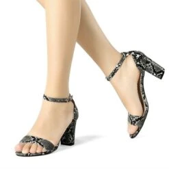 Allegra K Women's Snakeskin Chunky Heels Ankle Strap Sandals