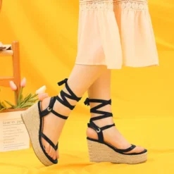 Allegra K Women's Platform Strappy Lace-up Flip Flops Wedge Sandals