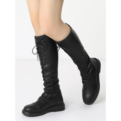 Allegra K Women's Lace Up Round Toe Flat Low Heel Knee High Boots 3 Allegra K Women's Lace Up Round Toe Flat Low Heel Knee High Boots