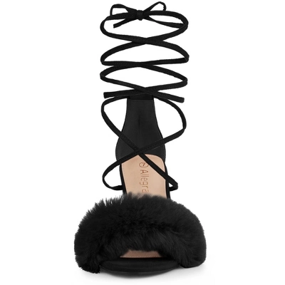 Allegra K Women's Faux Fur Lace Up Strappy Chunky Heels Sandals 4 Allegra K Women's Faux Fur Lace Up Strappy Chunky Heels Sandals - Image 2
