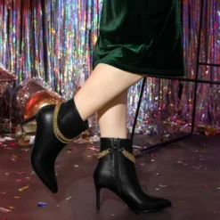 Allegra K Women's Pointy Toe Triple Chains Stiletto Heels Ankle Boots