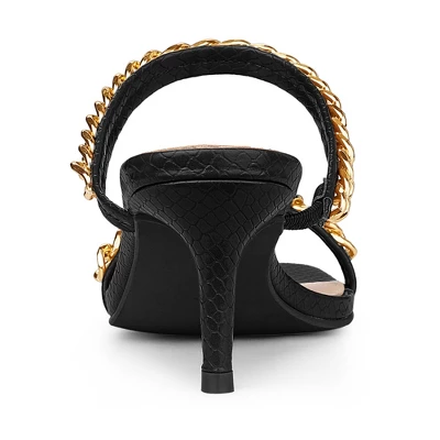 Perphy Snakeskin Printed Square Toe Chain Stiletto Heels Slide Sandals For Women 4 Perphy Snakeskin Printed Square Toe Chain Stiletto Heels Slide Sandals For Women - Image 2