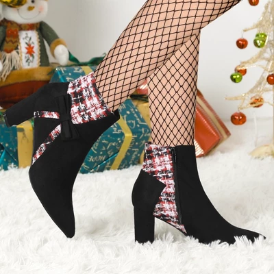Allegra K Women's Plaid Pointed Toe Block Heels Ankle Boots 3 Allegra K Women's Plaid Pointed Toe Block Heels Ankle Boots